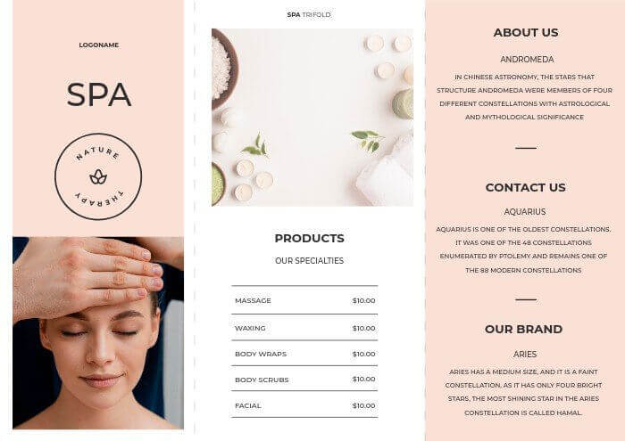 spa brochure template with a minimalist design and a pinkish color palette