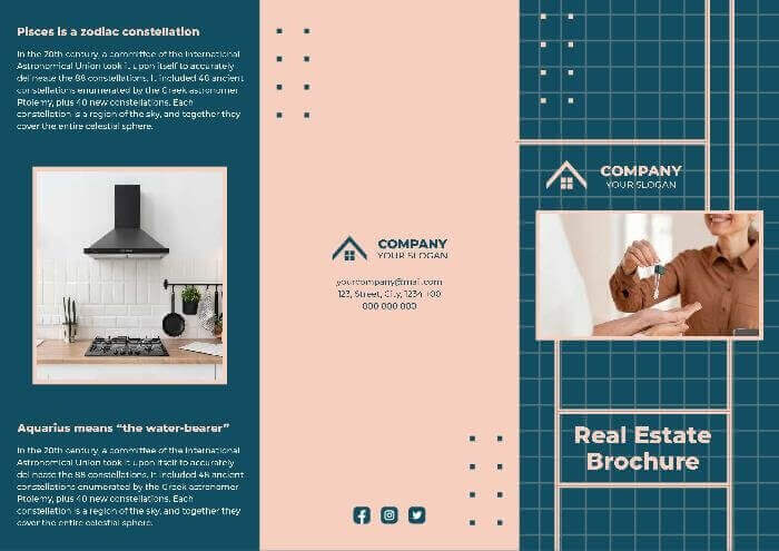 real estate brochure template with a modern and grid design and a duotone color palette