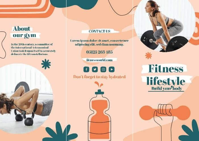 fitness lifestyle brochure template with an abstract design and a modern orange color palette
