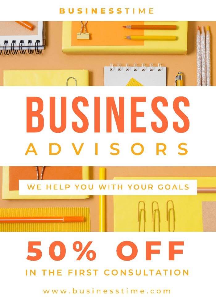Business advisors flyer template with an orange color palette and a stationery photo as a background
