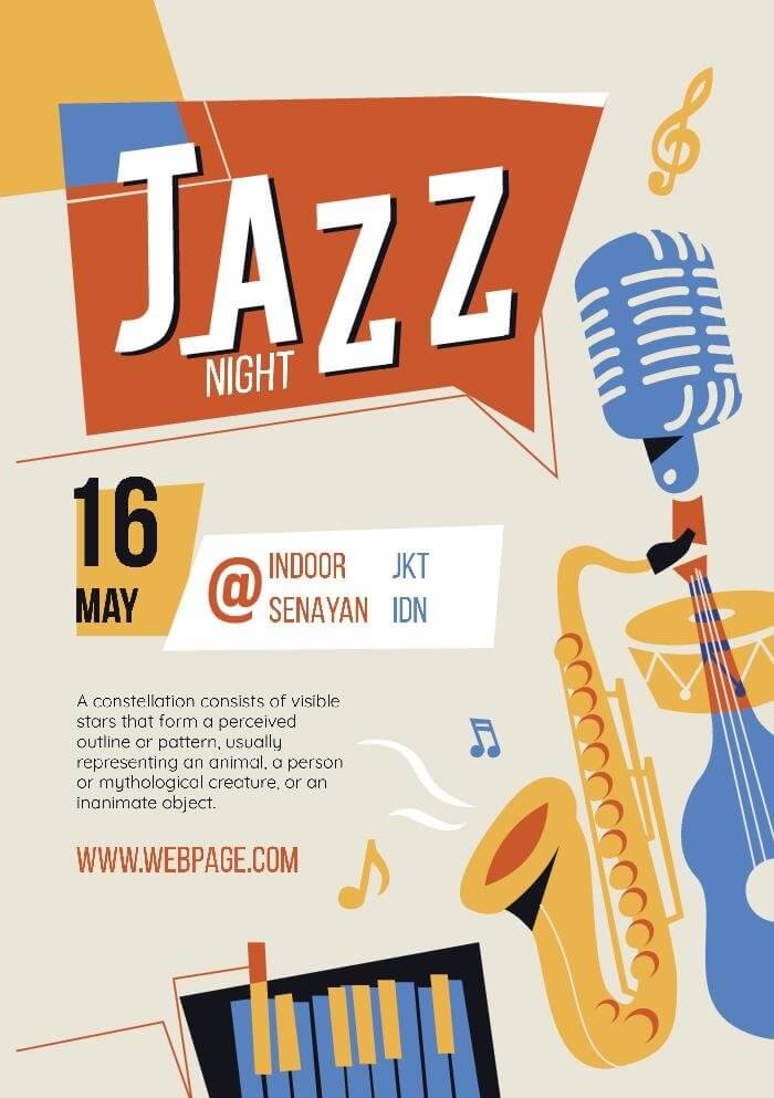 Jazz event flyer template with a vintage design and a colorful palette
