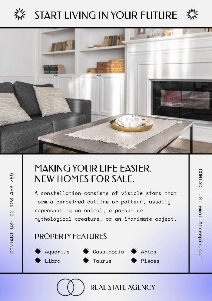 Real estate flyer template with a blue color palette and a picture of a living room