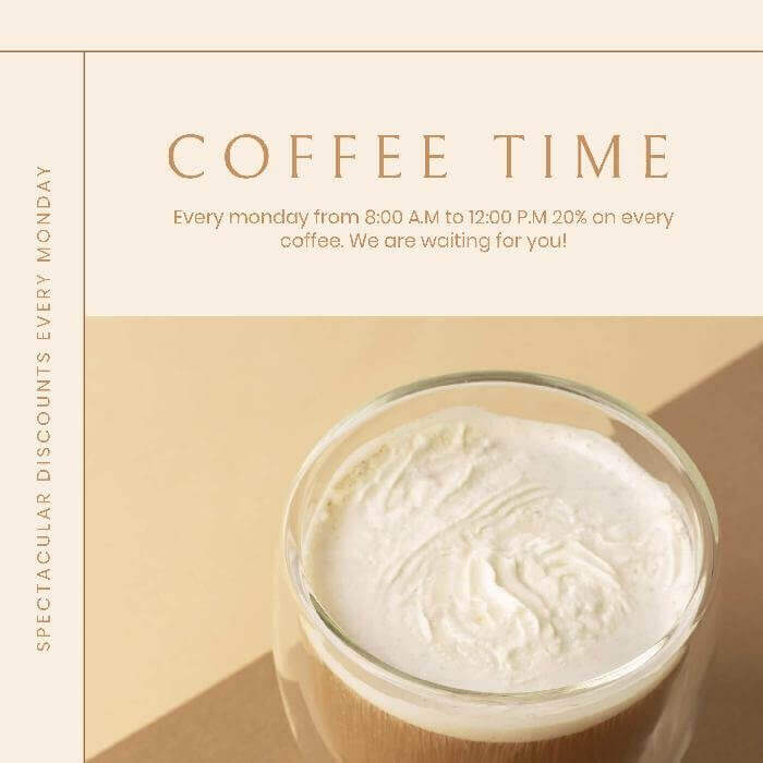 instagram post template for coffee shops with a cream color palette and a picture of a coffee in the middle