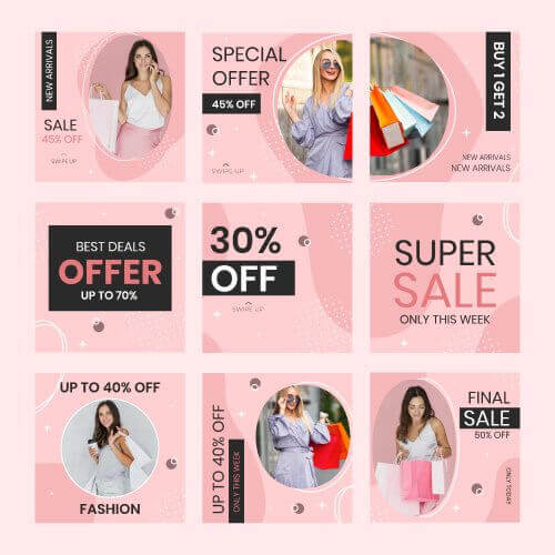 grid collection of 9 instagram posts fashion sales with a pink color palette