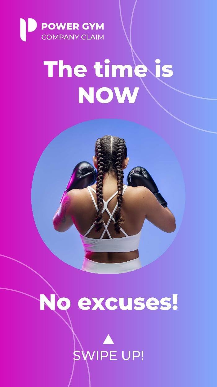 workout instagram story template with an inspirational “no excuses” message, a purple background and a girl photo