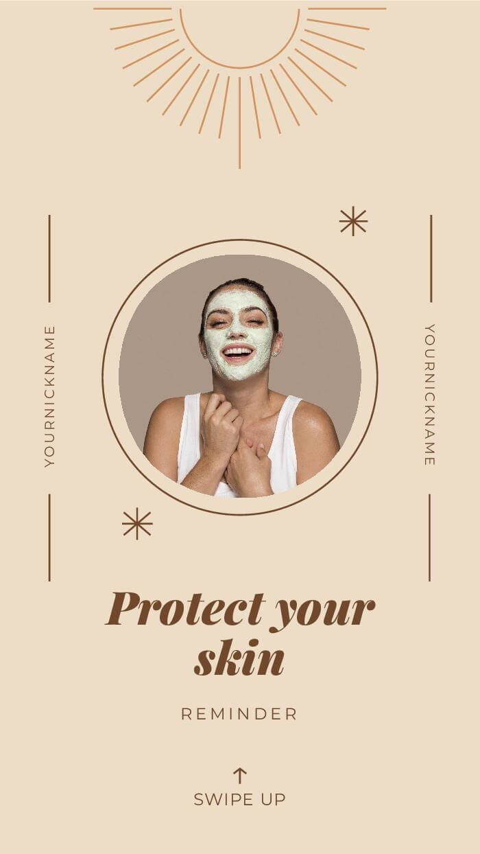 skincare instagram story template with a cream background, a minimalist design and a photo of a smiling woman in the middle