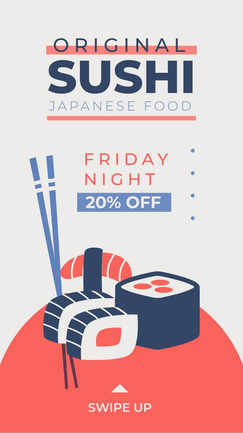 hand-drawn, blue and red sushi instagram story template for a japanese food restaurant