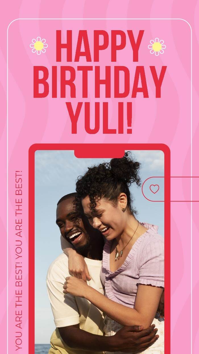 happy birthday instagram story template with a pink background and a picture of a man and a woman hugging