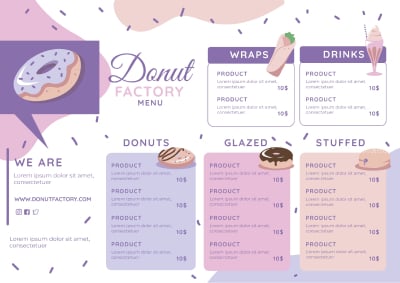 colorful menu template for a donut factory with wraps, drinks and sweets drawings