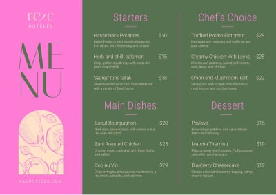 green and pink hotel menu template with an elegant design
