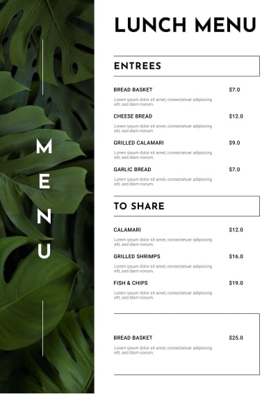 minimalist restaurant menu template with a green plan photo