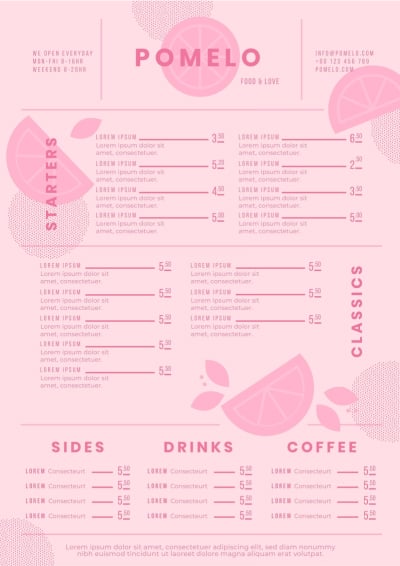 pink menu template with fruits drawings