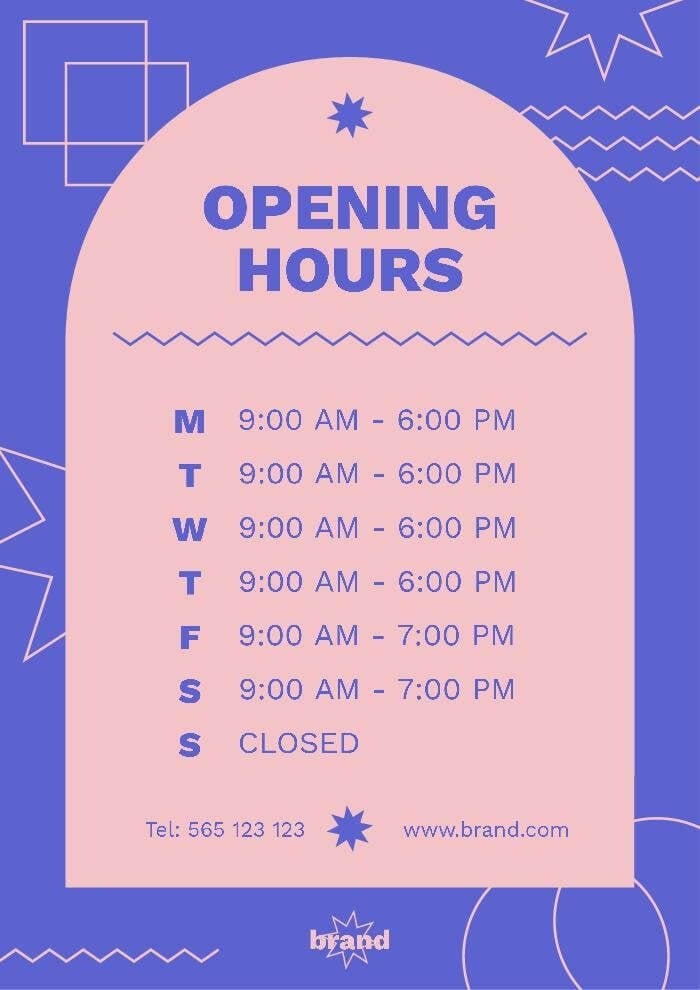 store hours poster template with a blue and pink color palette and a geometric design