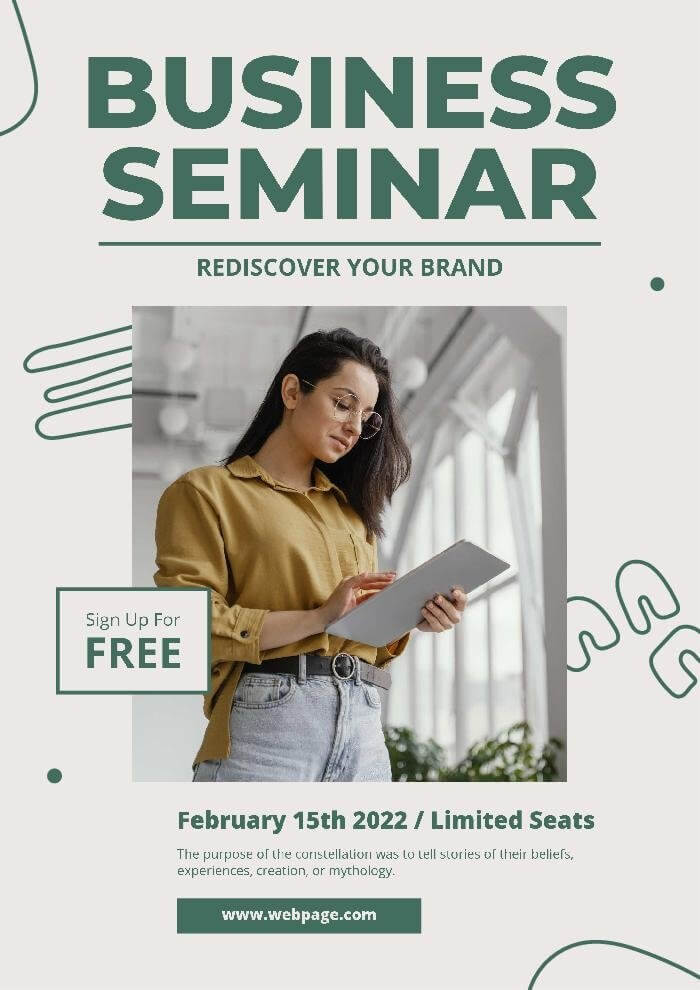 green business seminar poster template with a picture of a professional woman in the middle