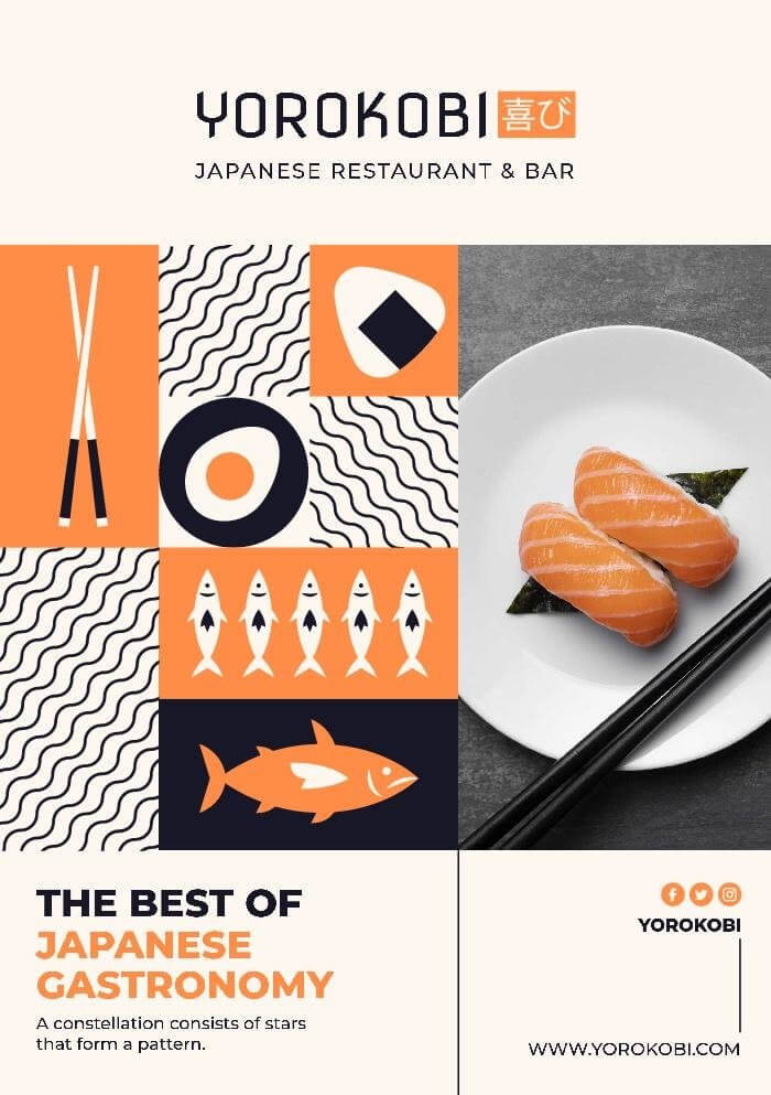 sushi poster template with a grid design and a picture of two nigiris at the right