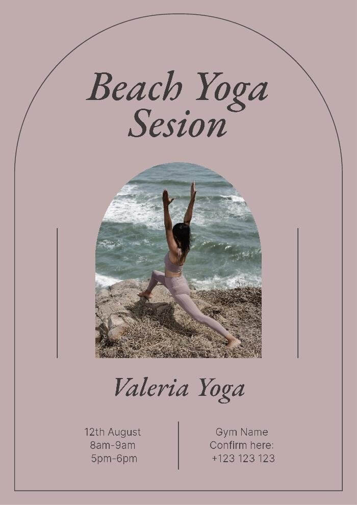 yoga poster template with a pink background, a picture of a woman practising yoga at the beach in the middle and an elegant design
