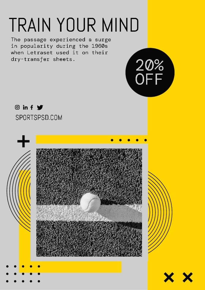 computer mockup of  a tennis training poster template with a yellow and gray color palette and a modern design being customized by Wepik’s online editing tool