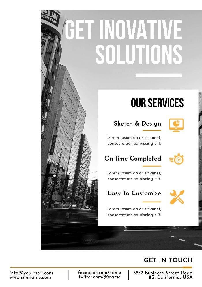 professional company flyer template with a picture of a city as a background