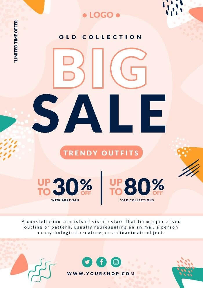 Big sale announcement flyer template with a pink and abstract background