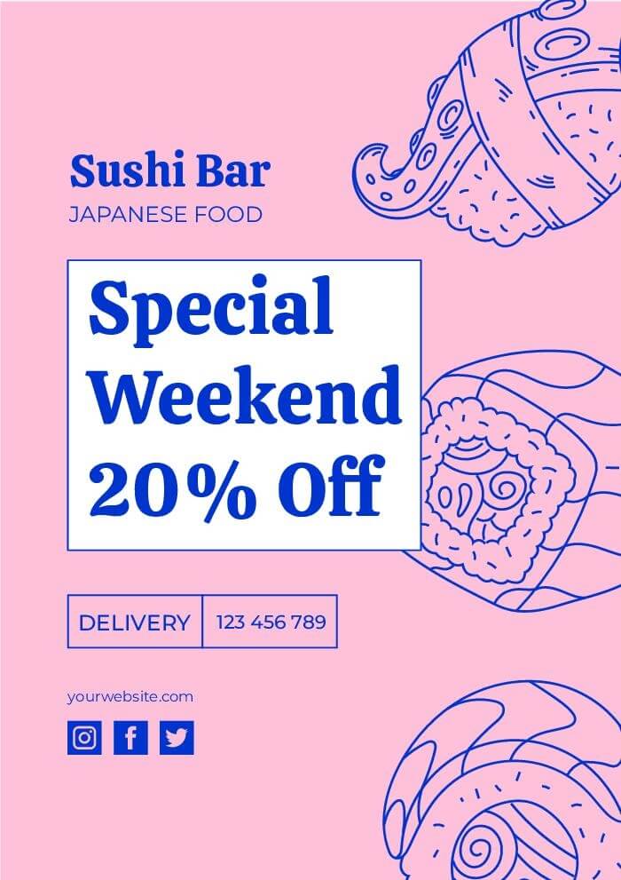 Mockup of a sushi bar flyer with pink color palette being customized by Wepik’s editor